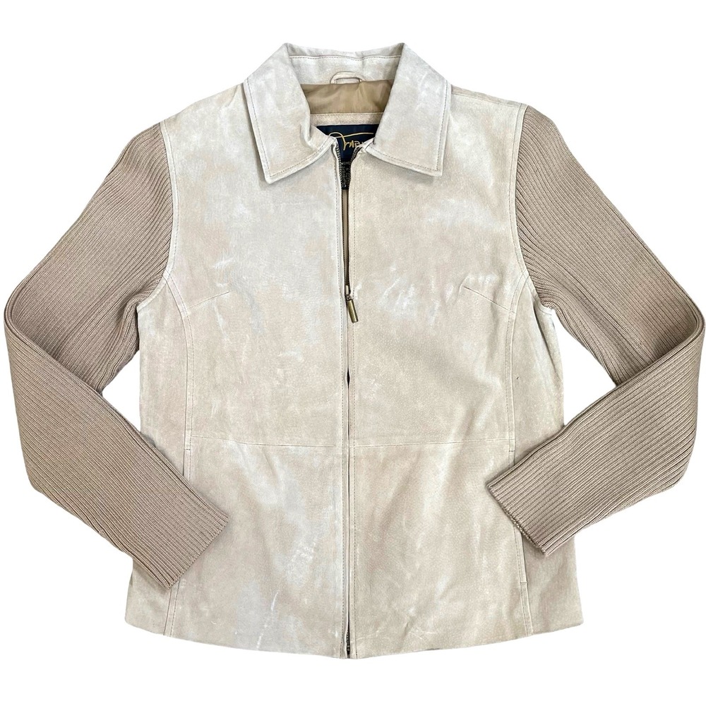 Vintage Fabio Suede Knit Mixed Media Jacket Women M Tan Full Zip Ribbed Sleeve
